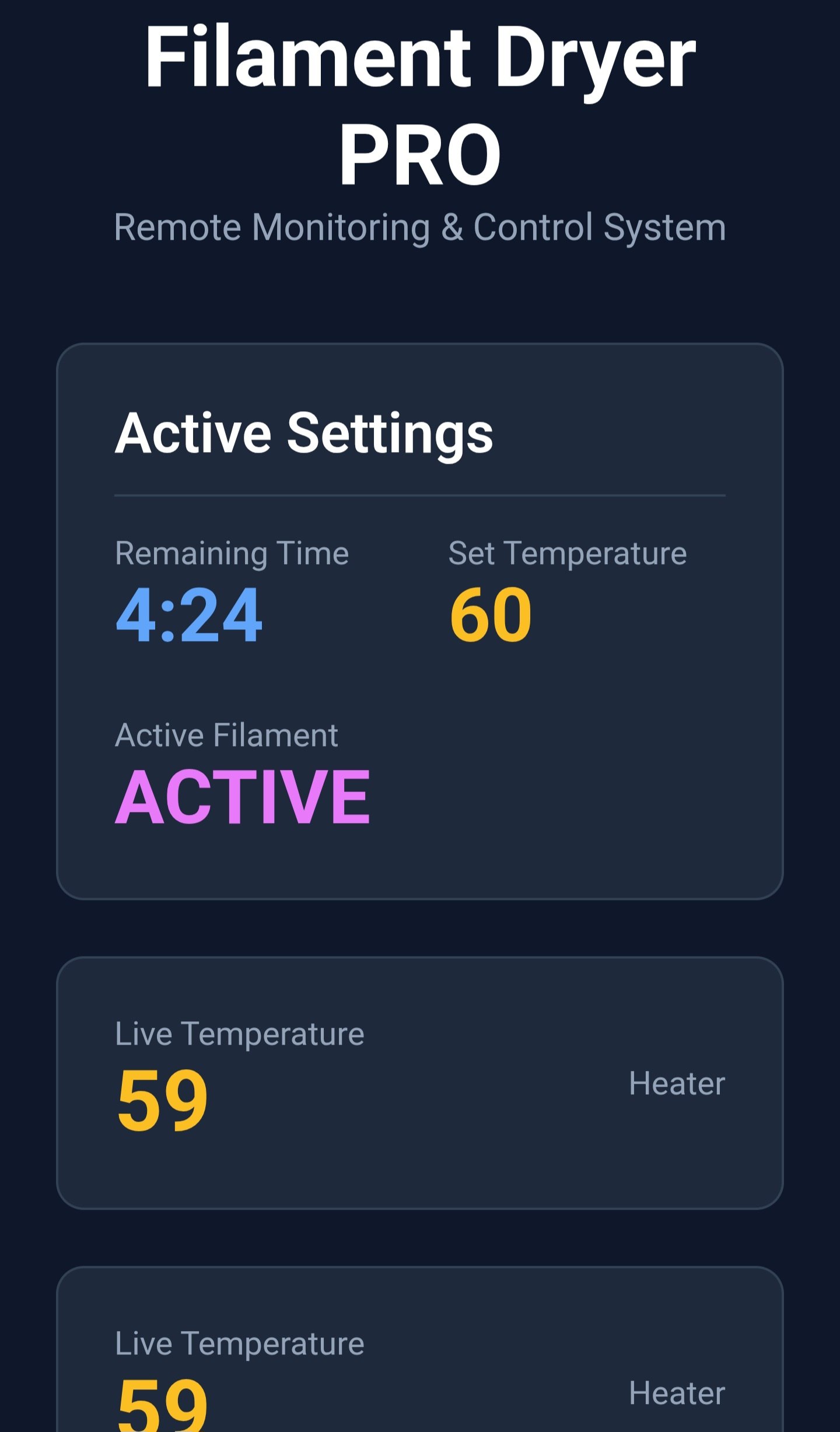 Filament Dryer Pro monitoring interface